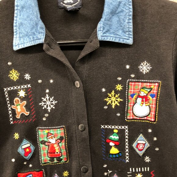 Vintage Ugly Christmas Sweater Cardigan Womens S / SP Black Collared Embroidered - Picture 4 of 8